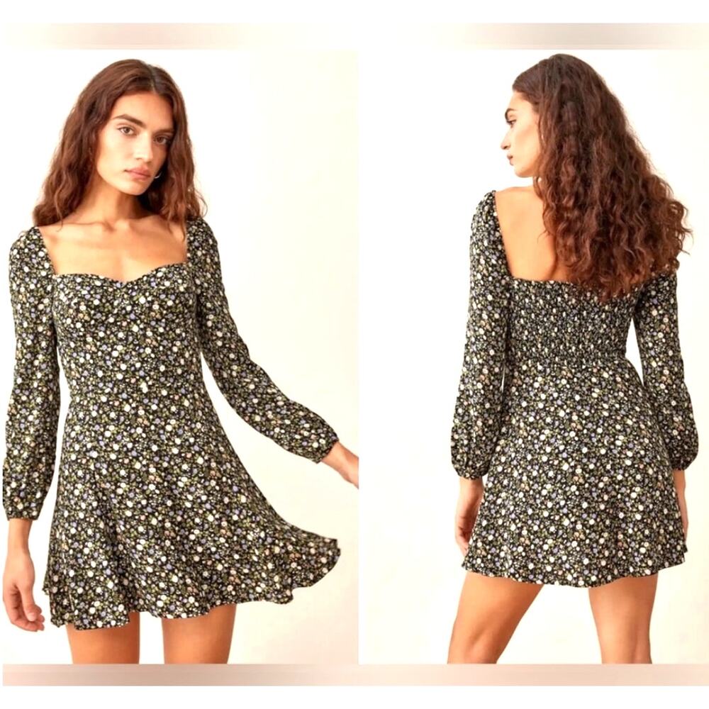 Reformation Remi Floral Mini Dress 4 Green Open Back Long Sleeve Fall Wedding